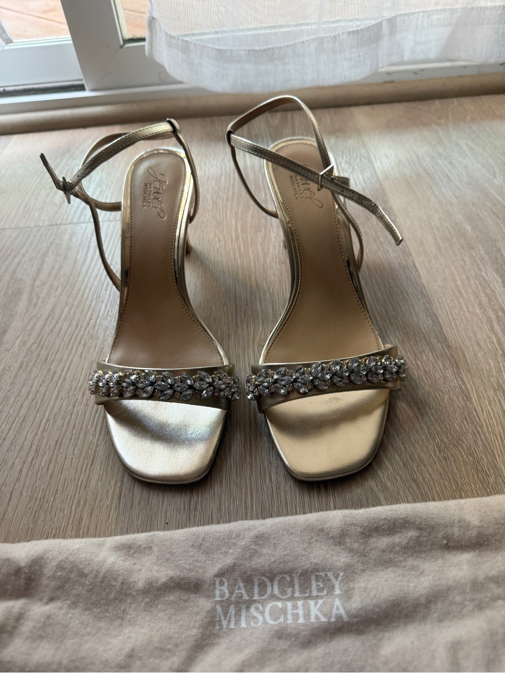 Badgley Mischka Metallic Gold Jeweled Ankle-Strap Heels